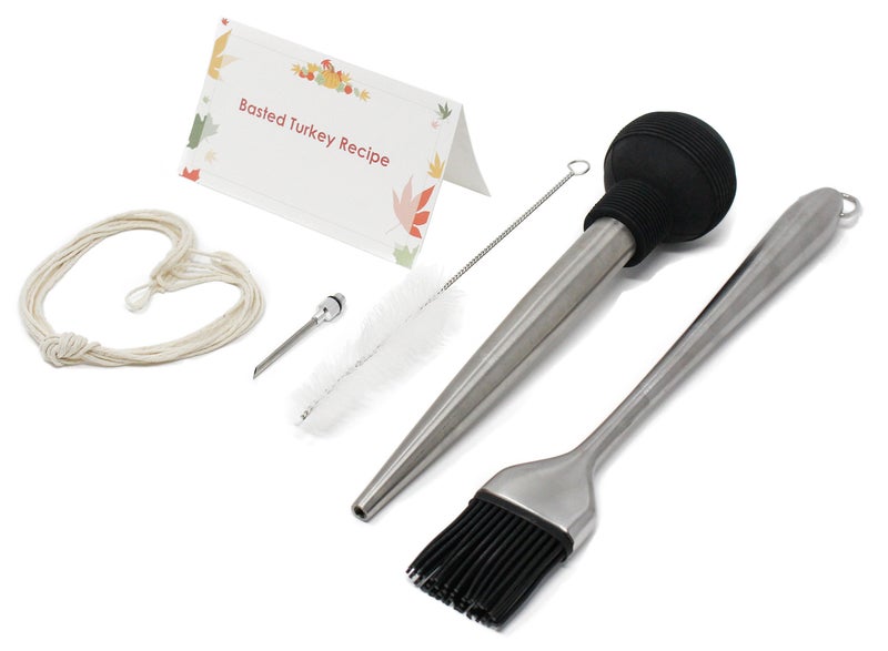 TIYOORTA Stainless Steel Turkey Baster Set with Flavor Injector, Barbecue Basting Brush, Cleaning Brush,cooking twine, DIY turkey tools - Image 1